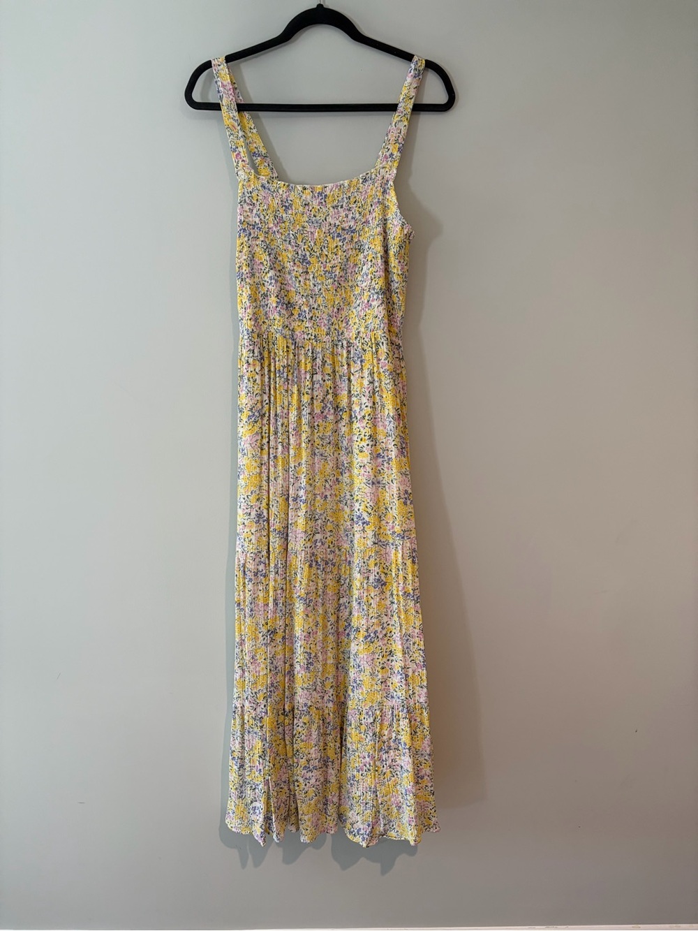 Yellow Floral Maxi Dress with Smocked Bodice